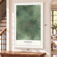 Otwell, Indiana map, 24 x 36 inch print in a white frame by a staircase