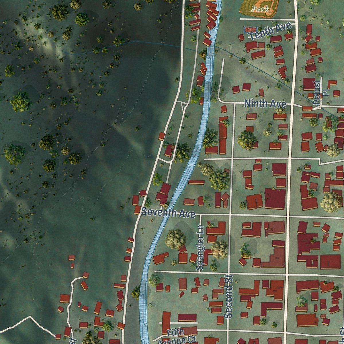 Second close-up of the map of Ouray, Colorado print showing more streets and buildings
