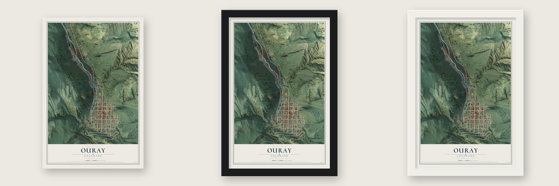 Ouray, Colorado map unframed, in a black wood frame and in a white wood frame