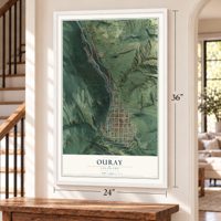 Ouray, Colorado map, 24 x 36 inch print in a white frame by a staircase