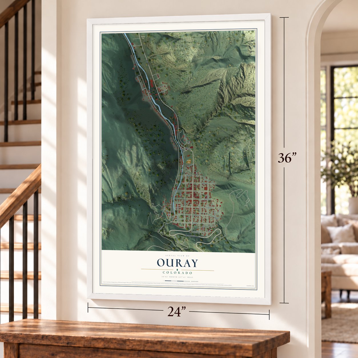 Ouray, Colorado map, 24 x 36 inch print in a white frame by a staircase
