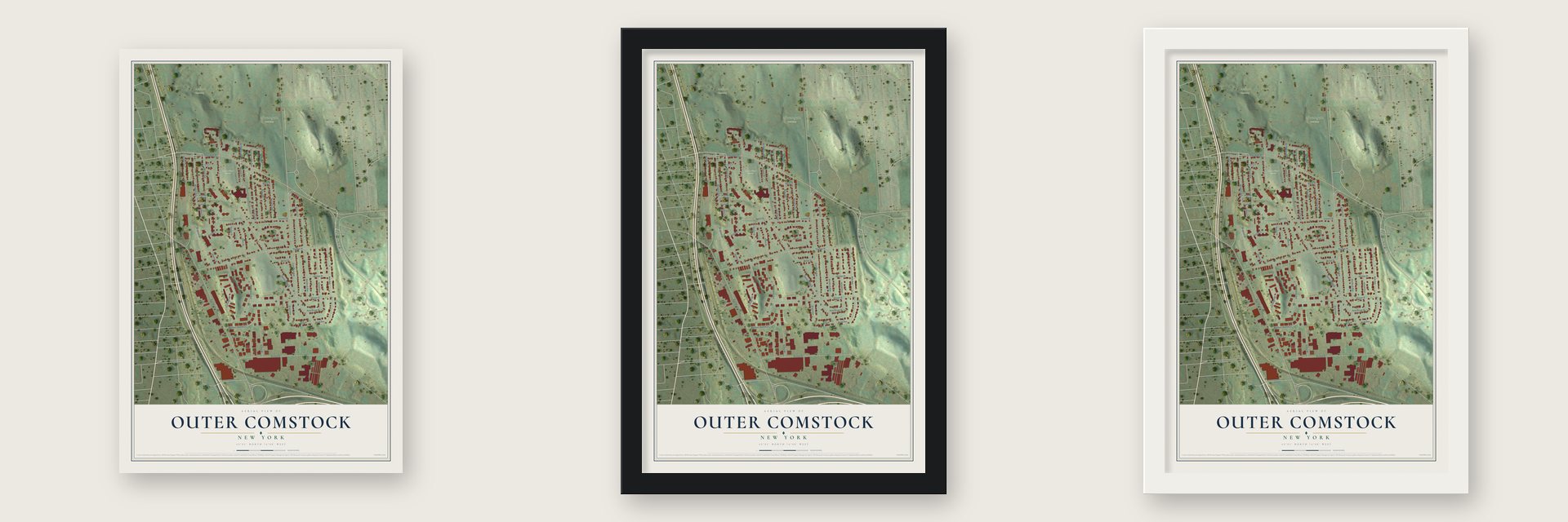 Outer Comstock, New York map unframed, in a black wood frame and in a white wood frame
