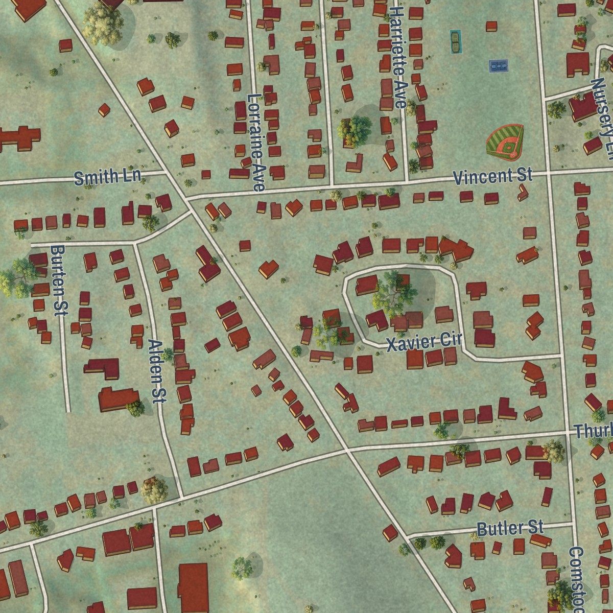 Second close-up of the map of Outer Comstock, New York print showing more streets and buildings