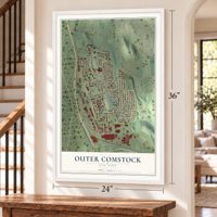 Outer Comstock, New York map, 24 x 36 inch print in a white frame by a staircase