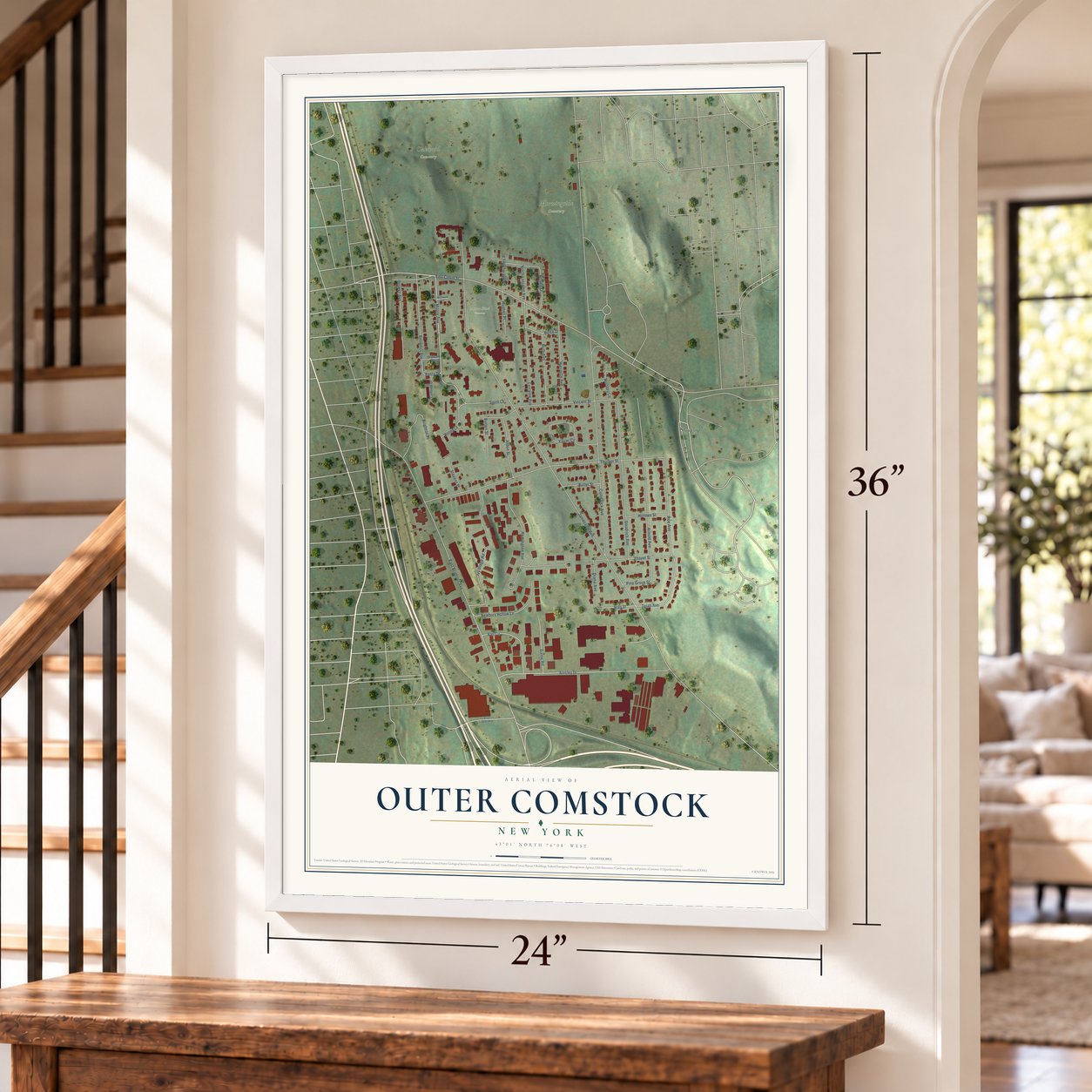 Outer Comstock, New York map, 24 x 36 inch print in a white frame by a staircase