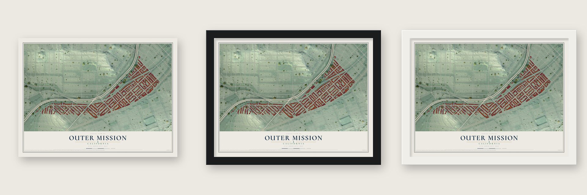 Outer Mission, California map unframed, in a black wood frame and in a white wood frame