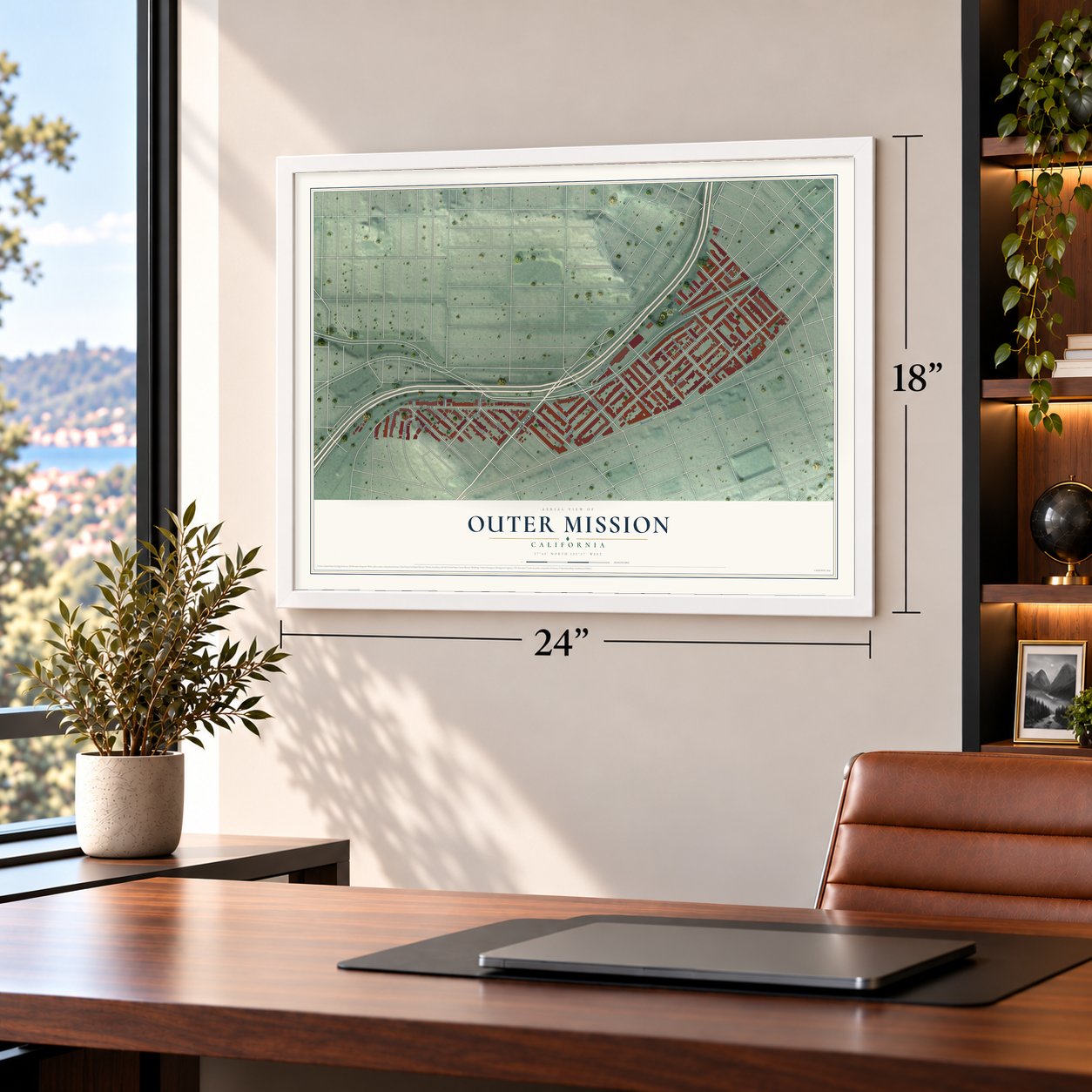 Outer Mission, California map, 18 x 24 inch print in a white frame in a home office