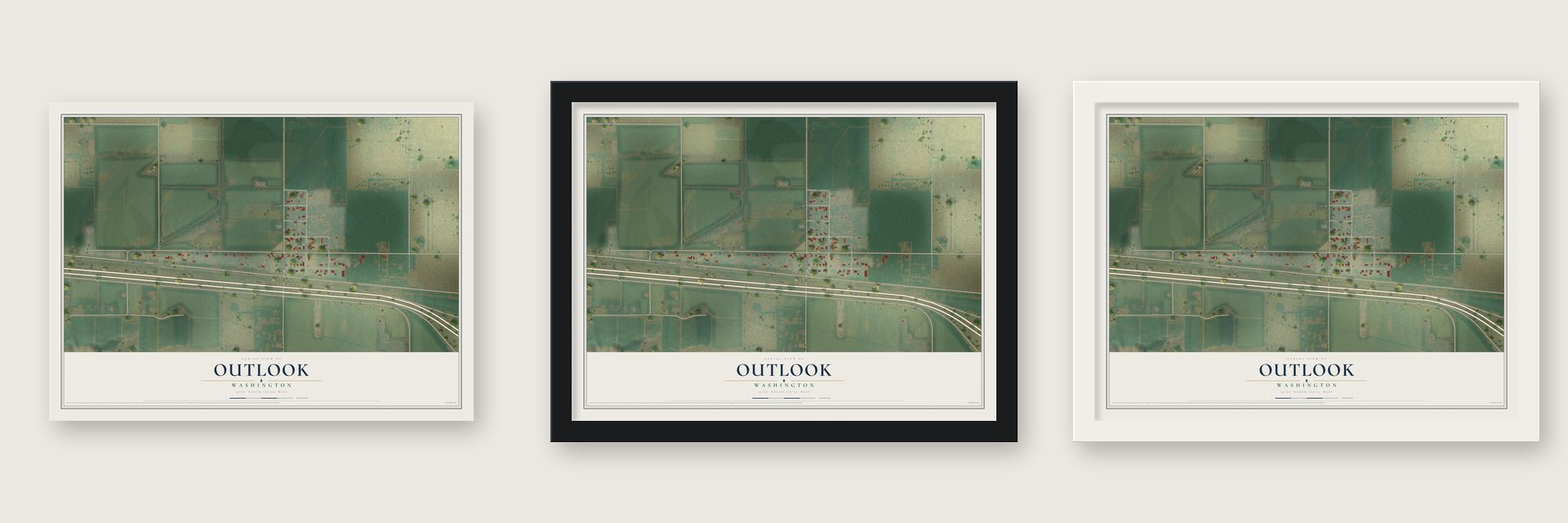 Outlook, Washington map unframed, in a black wood frame and in a white wood frame