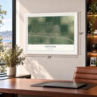 Outlook, Washington map, 18 x 24 inch print in a white frame in a home office