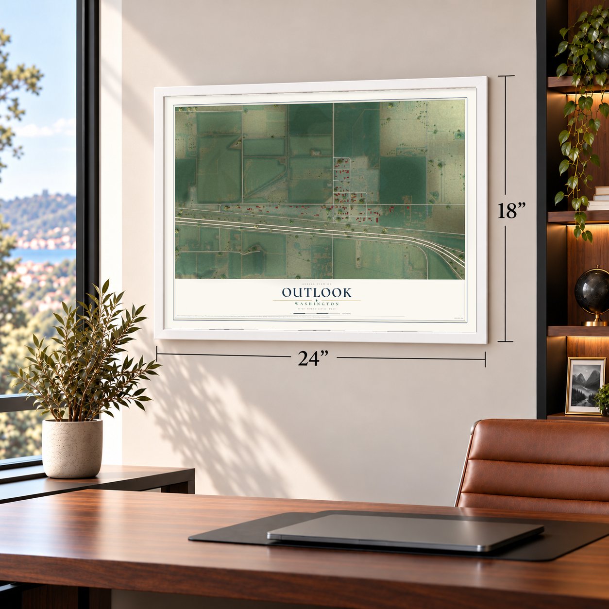 Outlook, Washington map, 18 x 24 inch print in a white frame in a home office