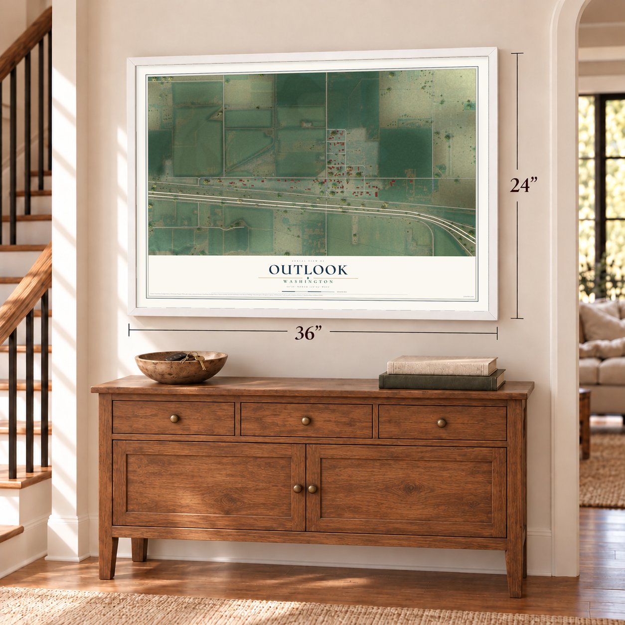 Outlook, Washington map, 24 x 36 inch print in a white frame above a dresser by a staircase