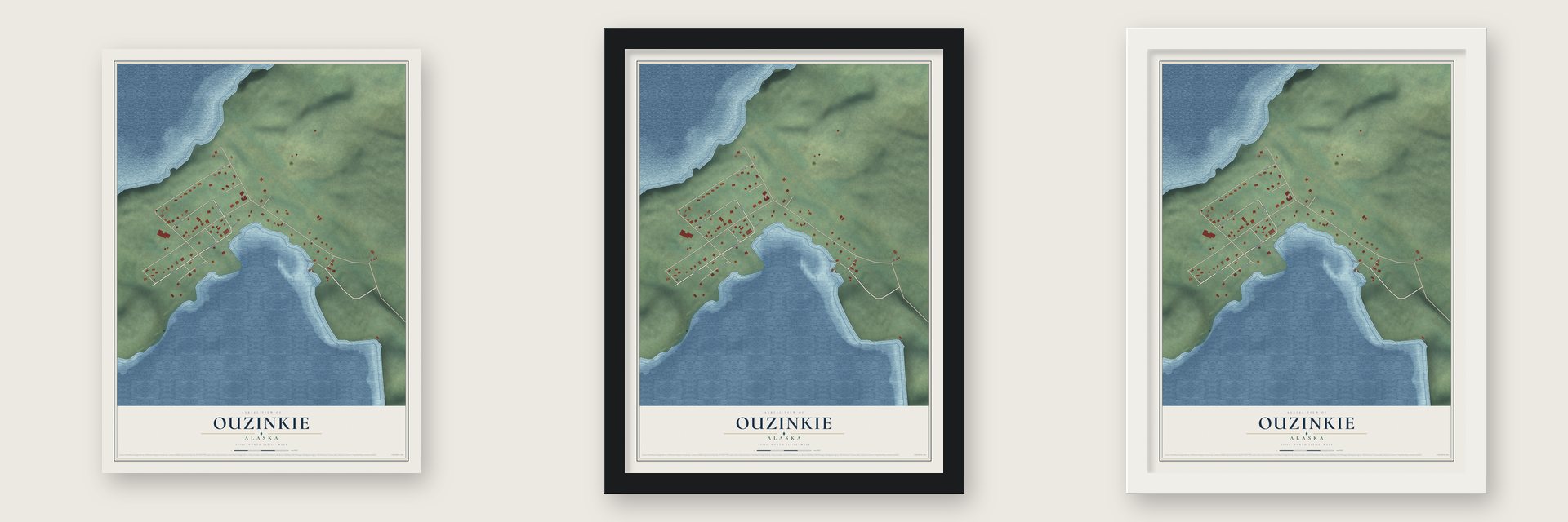 Ouzinkie, Alaska map unframed, in a black wood frame and in a white wood frame
