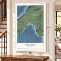 Ouzinkie, Alaska map, 24 x 36 inch print in a white frame by a staircase