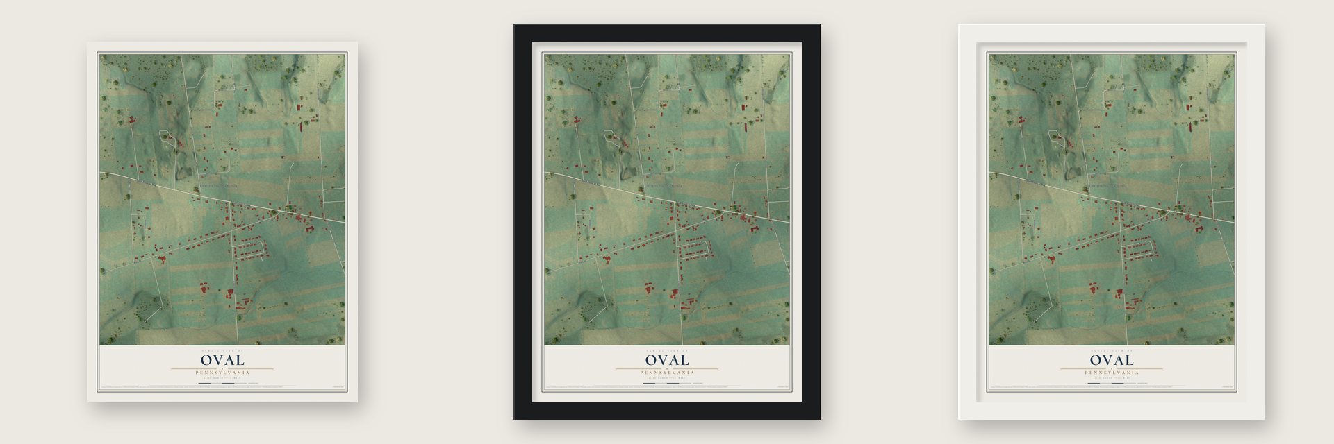 Oval, Pennsylvania map unframed, in a black wood frame and in a white wood frame