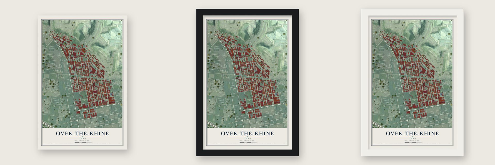 Over-the-Rhine, Ohio map unframed, in a black wood frame and in a white wood frame