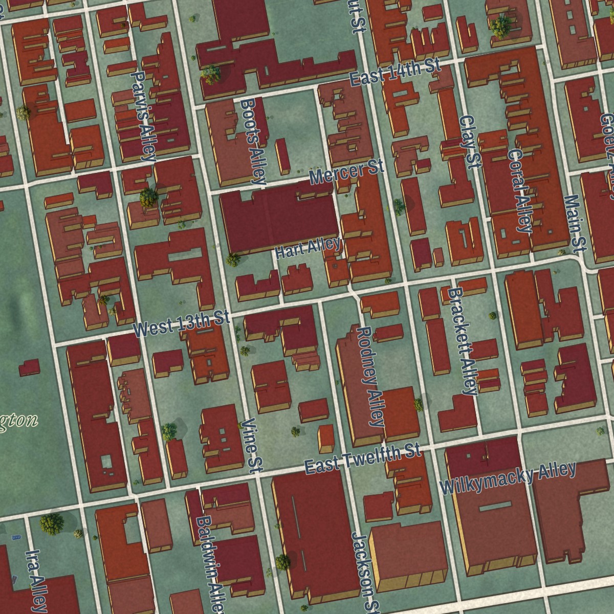 Second close-up of the map of Over-the-Rhine, Ohio print showing more streets and buildings