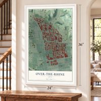 Over-the-Rhine, Ohio map, 24 x 36 inch print in a white frame by a staircase