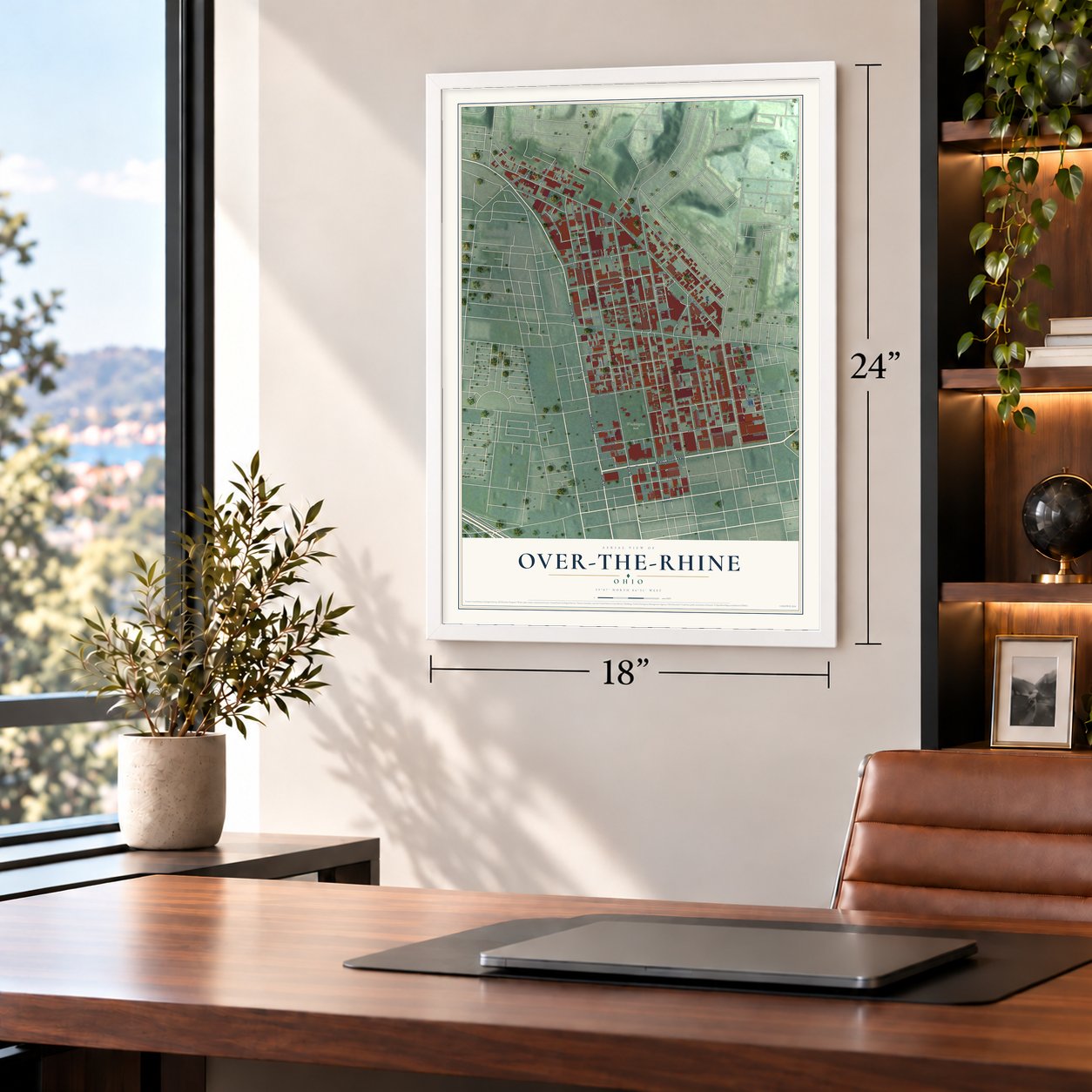 Over-the-Rhine, Ohio map, 18 x 24 inch print in a white frame in a home office