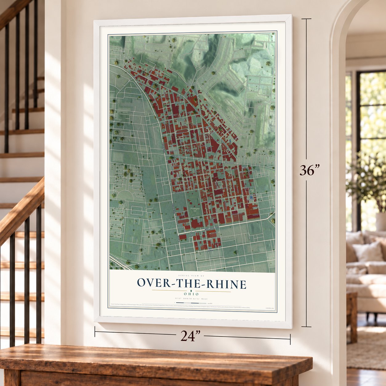 Over-the-Rhine, Ohio map, 24 x 36 inch print in a white frame by a staircase