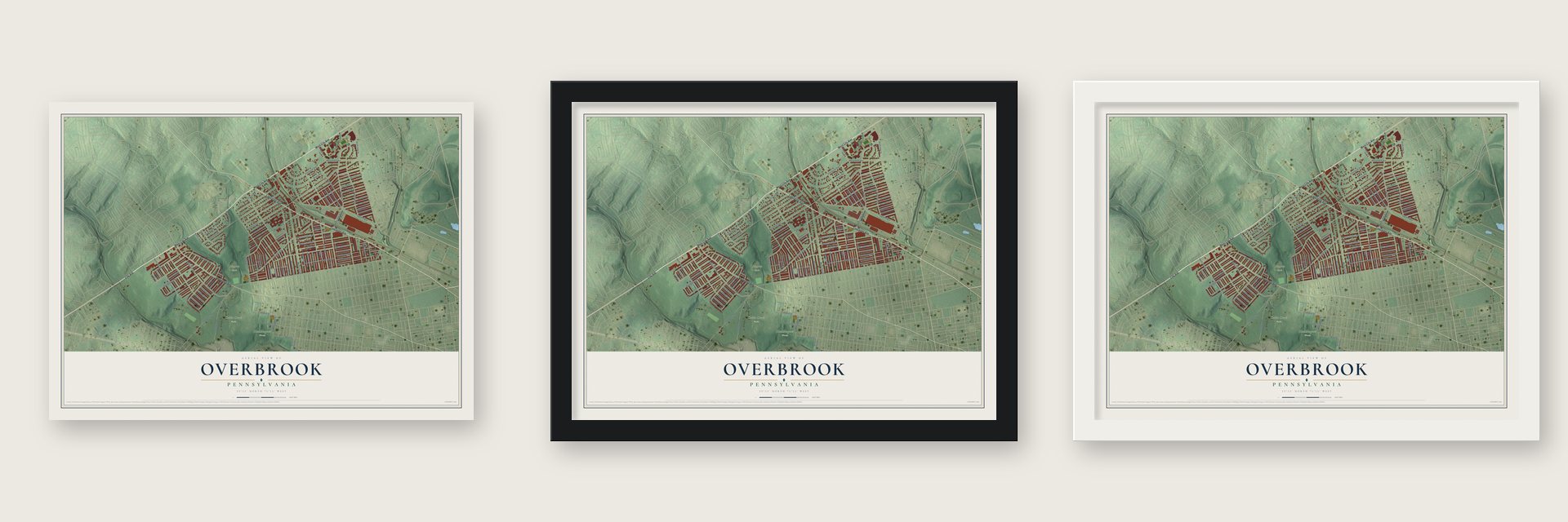 Overbrook, Philadelphia, Pennsylvania map unframed, in a black wood frame and in a white wood frame
