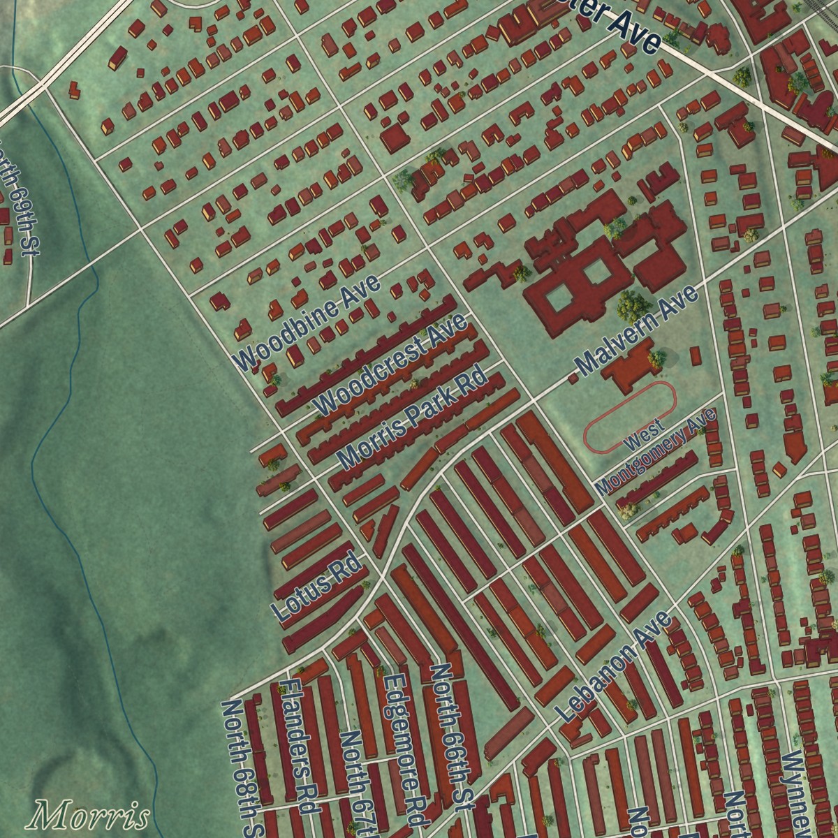 Second close-up of the map of Overbrook, Philadelphia, Pennsylvania print showing more streets and buildings