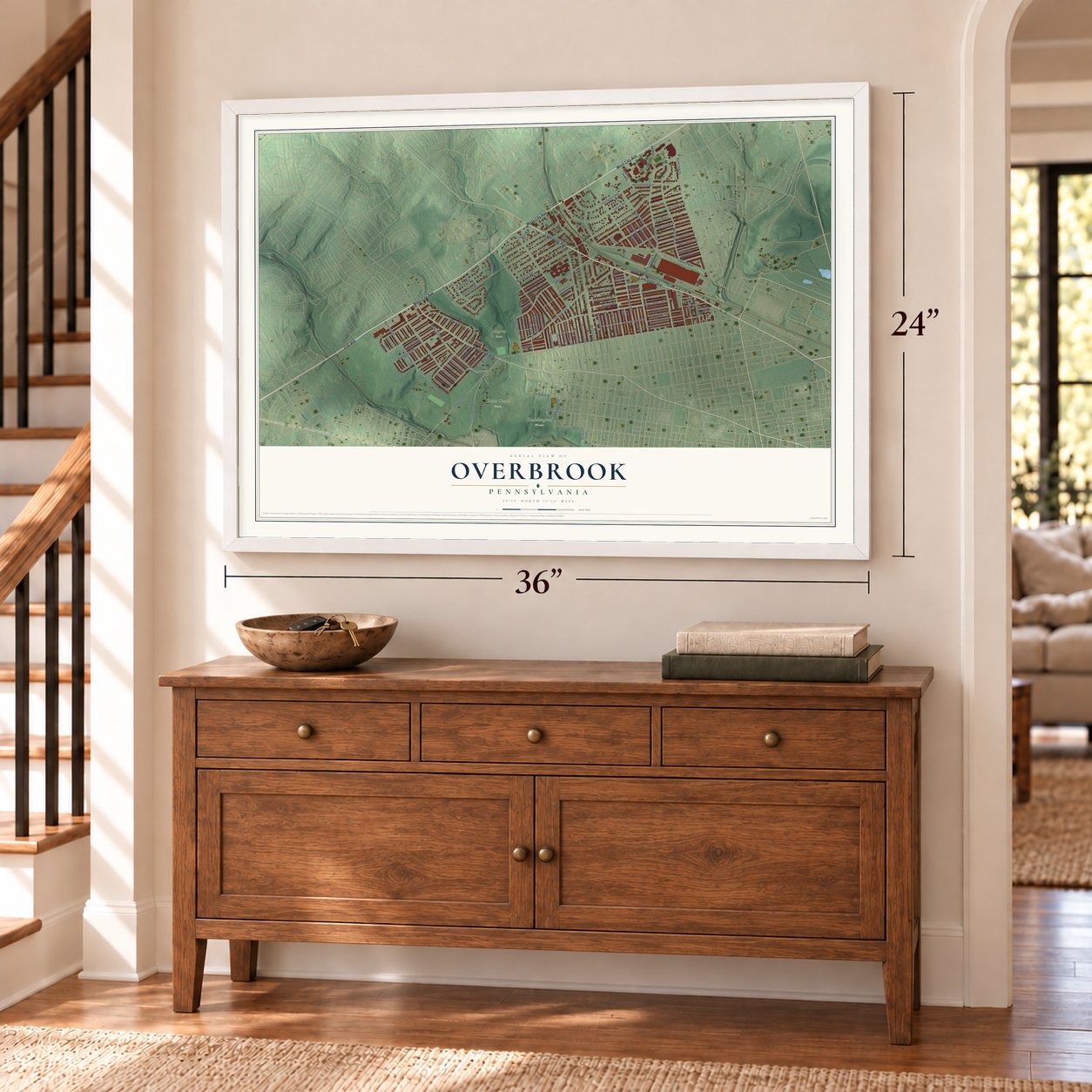 Overbrook, Philadelphia, Pennsylvania map, 24 x 36 inch print in a white frame above a dresser by a staircase