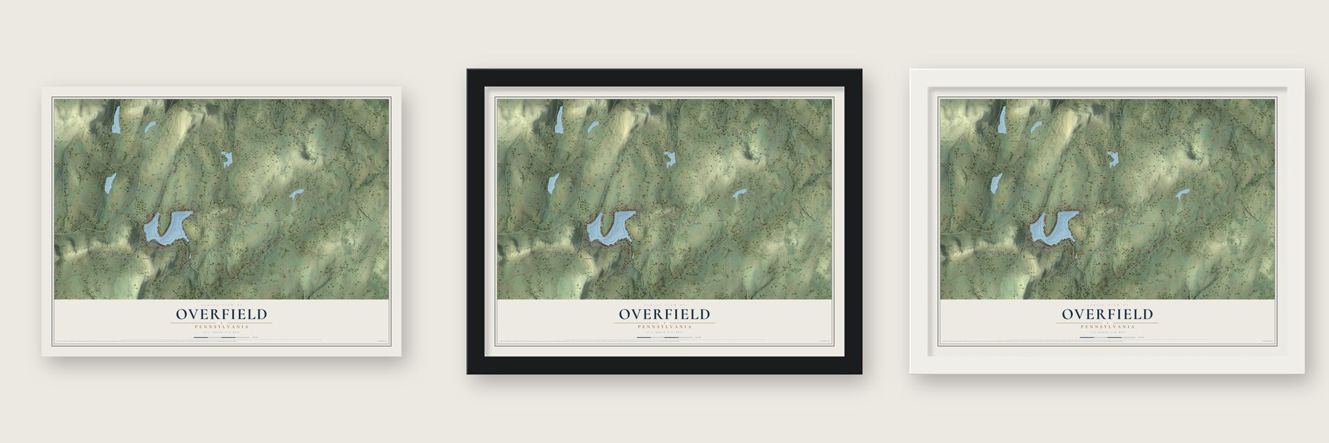 Overfield, Pennsylvania map unframed, in a black wood frame and in a white wood frame