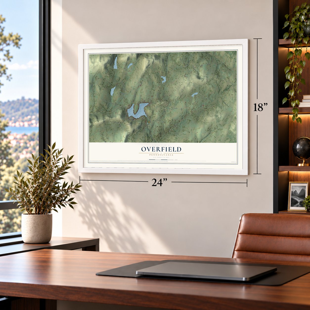 Overfield, Pennsylvania map, 18 x 24 inch print in a white frame in a home office