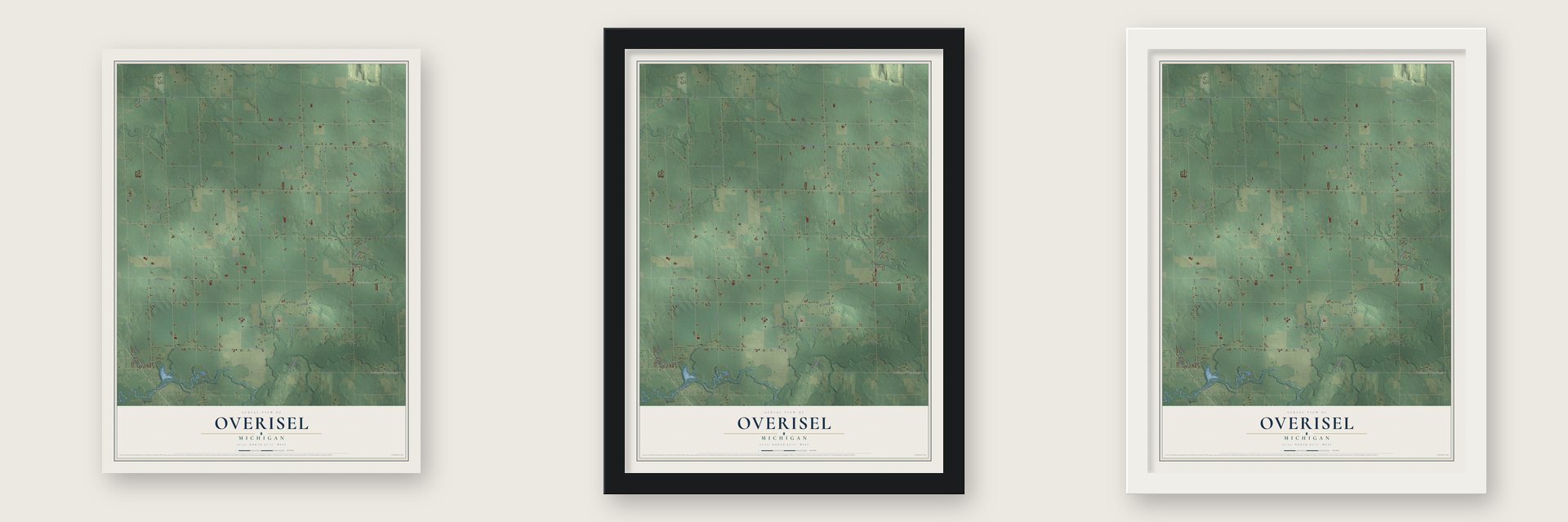 Overisel, Michigan map unframed, in a black wood frame and in a white wood frame