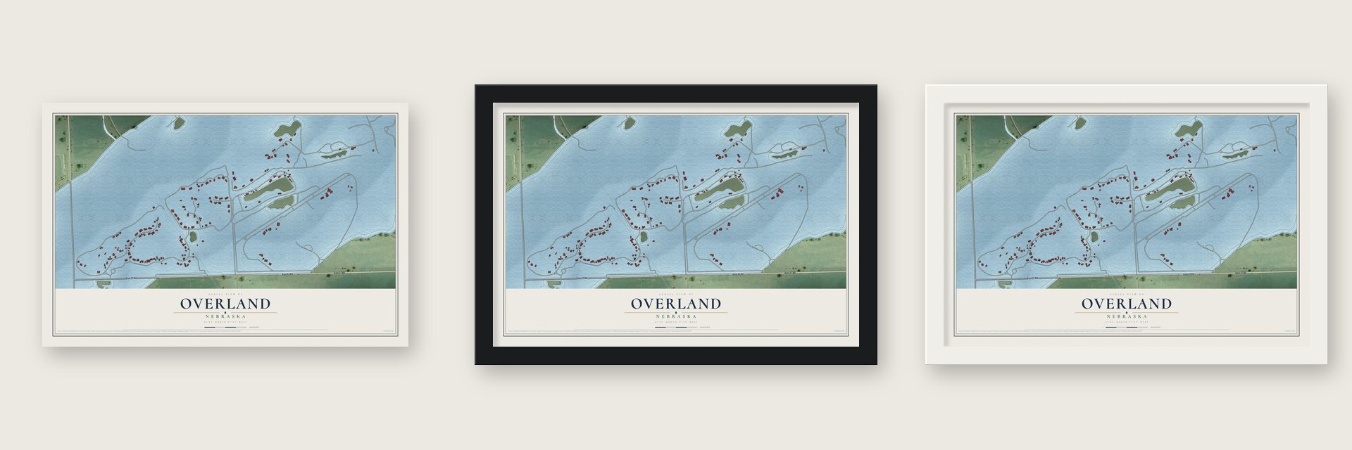 Overland, Nebraska map unframed, in a black wood frame and in a white wood frame