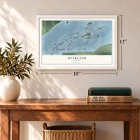 Overland, Nebraska map, 12 x 18 inch print in a white frame in an entryway