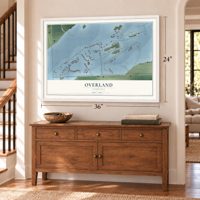 Overland, Nebraska map, 24 x 36 inch print in a white frame above a dresser by a staircase