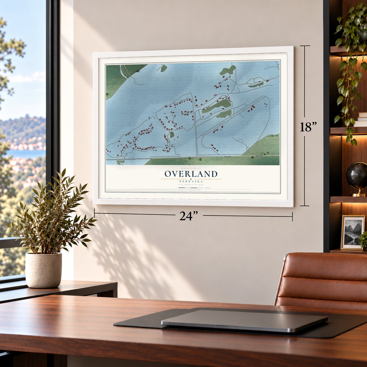 Overland, Nebraska map, 18 x 24 inch print in a white frame in a home office