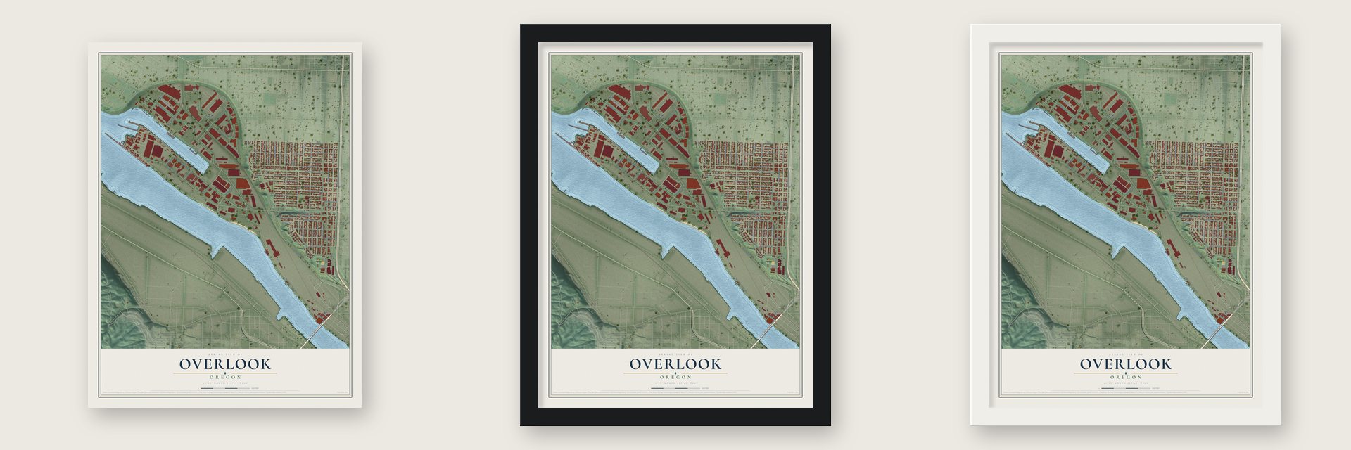 Overlook, Oregon map unframed, in a black wood frame and in a white wood frame