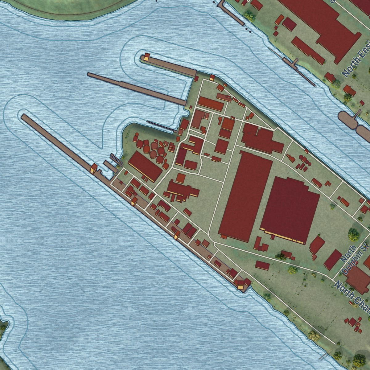 Second close-up of the map of Overlook, Oregon print showing more streets and buildings