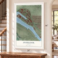 Overlook, Oregon map, 24 x 36 inch print in a white frame by a staircase