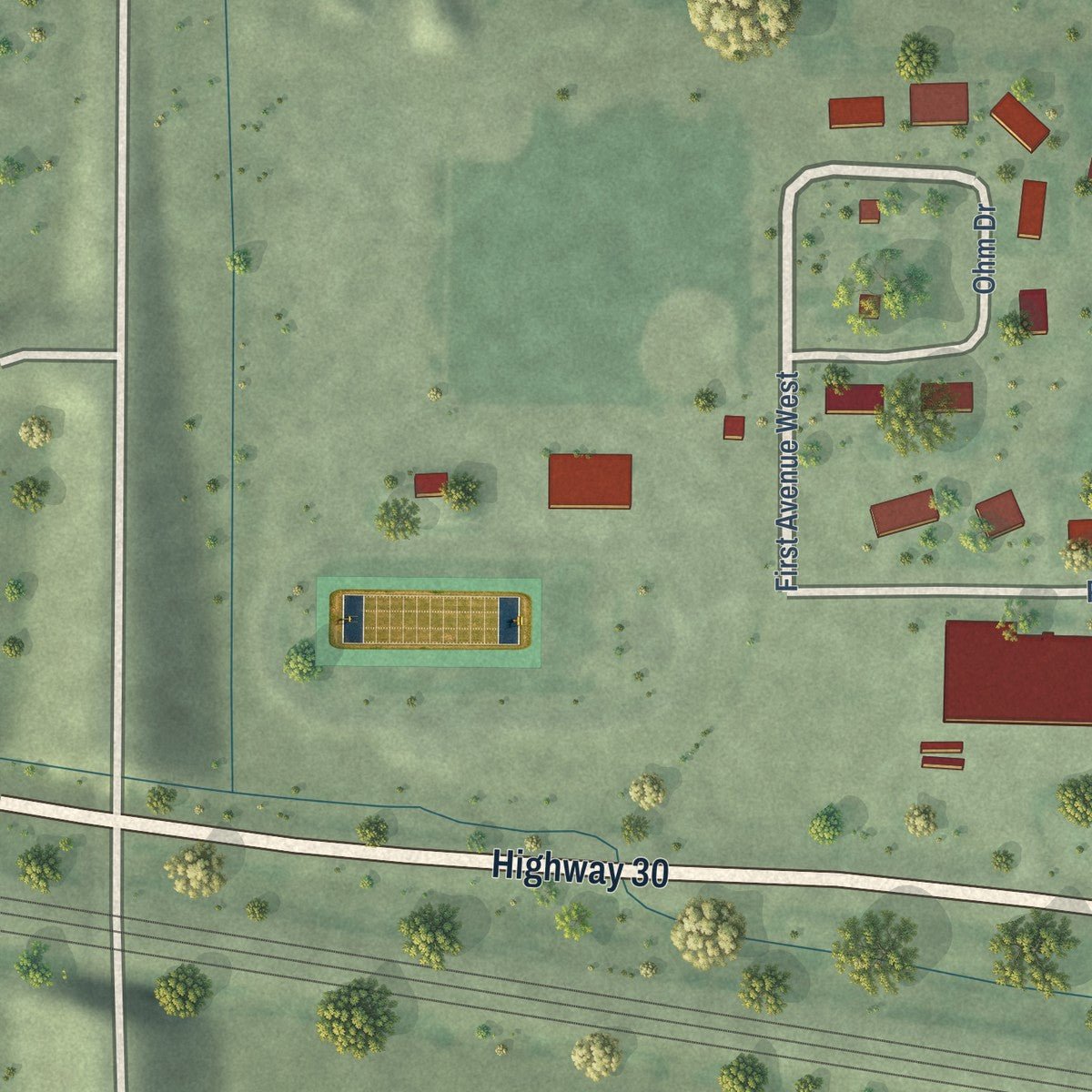 Second close-up of the map of Overton, Nebraska print showing more streets and buildings