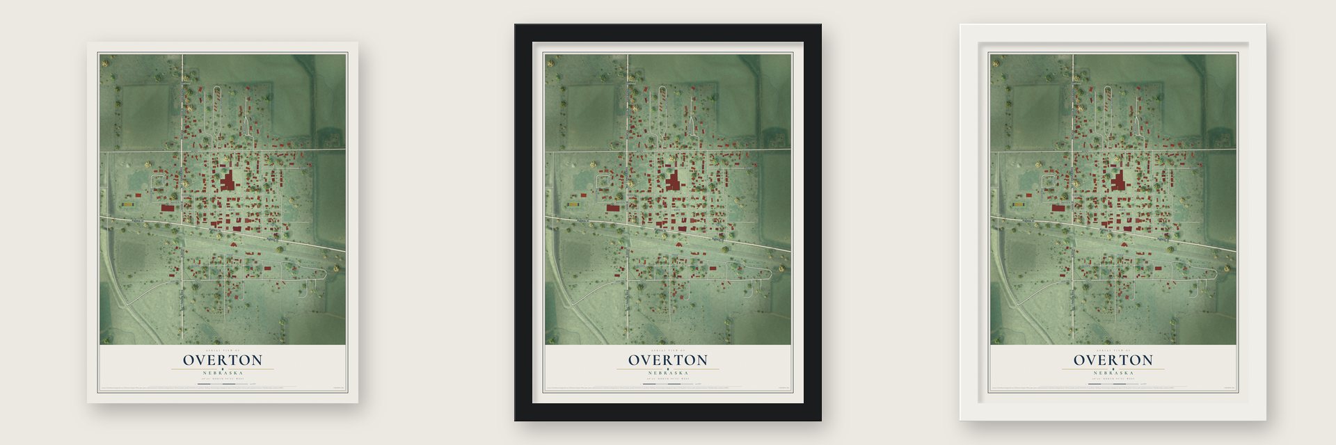 Overton, Nebraska map unframed, in a black wood frame and in a white wood frame