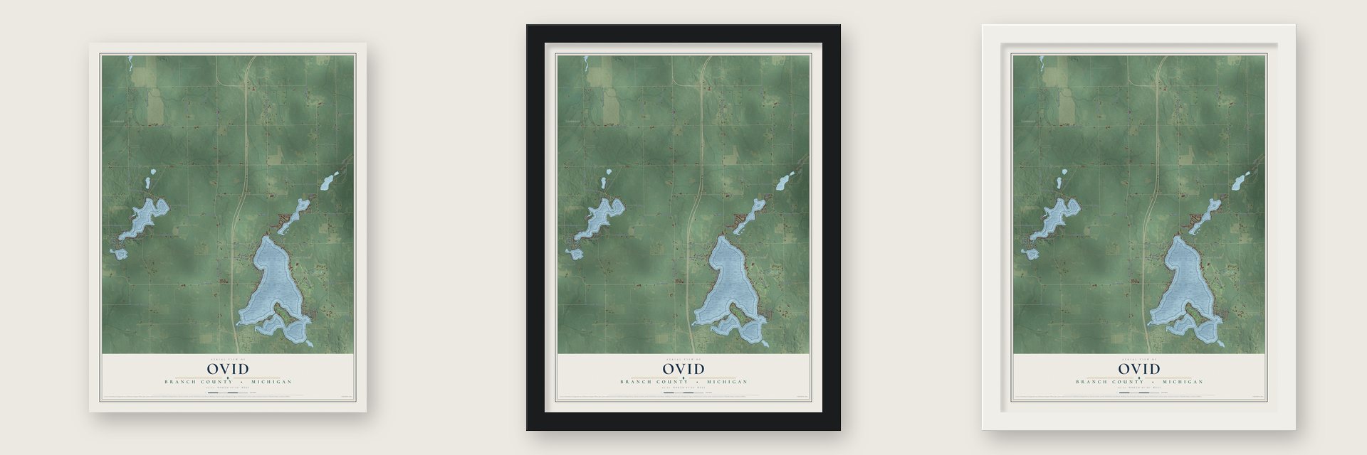 Ovid, Branch County, Michigan map unframed, in a black wood frame and in a white wood frame