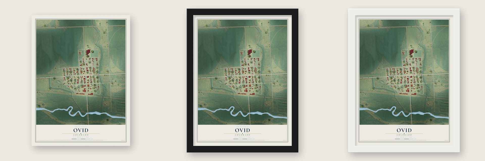 Ovid, Colorado map unframed, in a black wood frame and in a white wood frame