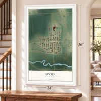 Ovid, Colorado map, 24 x 36 inch print in a white frame by a staircase