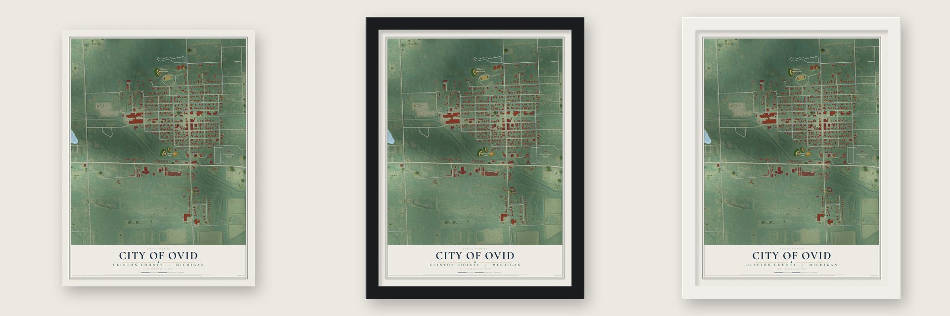 Ovid, Michigan map unframed, in a black wood frame and in a white wood frame