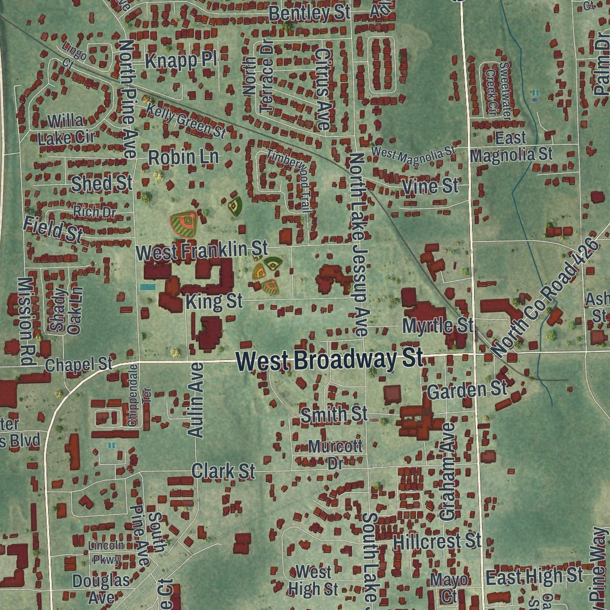 Second close-up of the map of Oviedo, Florida print showing more streets and buildings