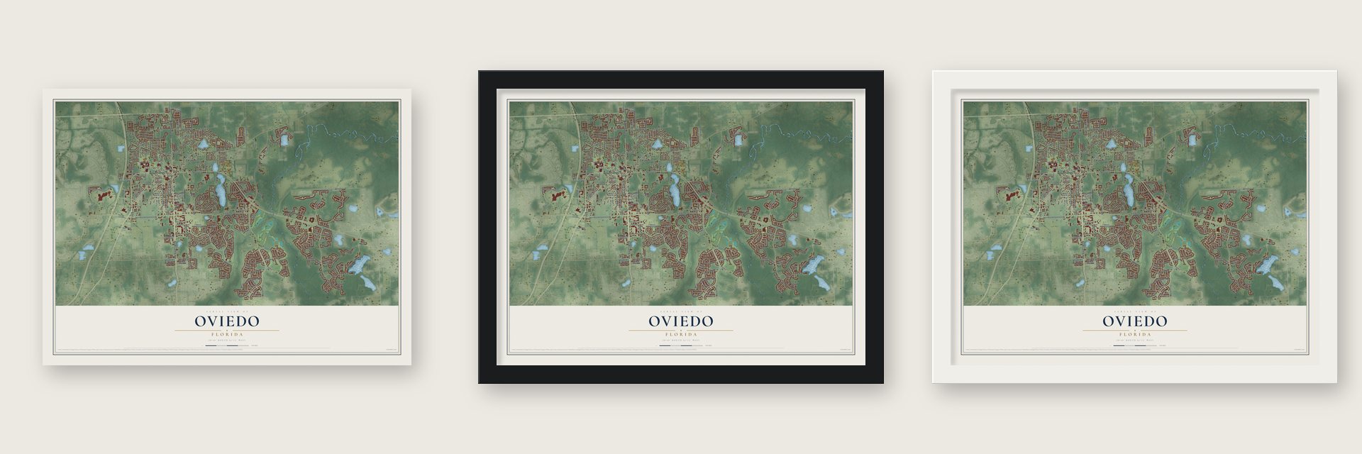 Oviedo, Florida map unframed, in a black wood frame and in a white wood frame