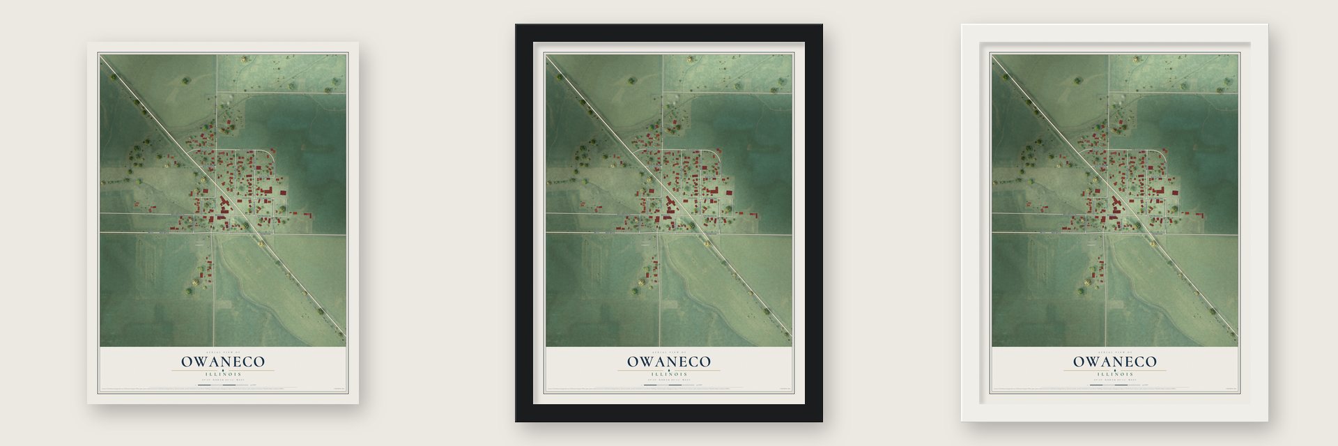 Owaneco, Illinois map unframed, in a black wood frame and in a white wood frame