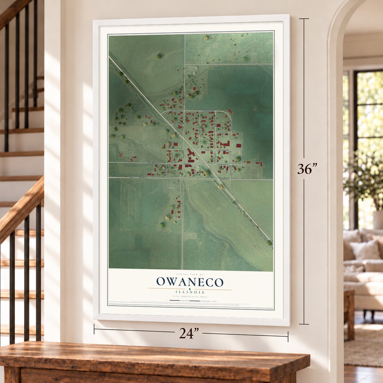 Owaneco, Illinois map, 24 x 36 inch print in a white frame by a staircase