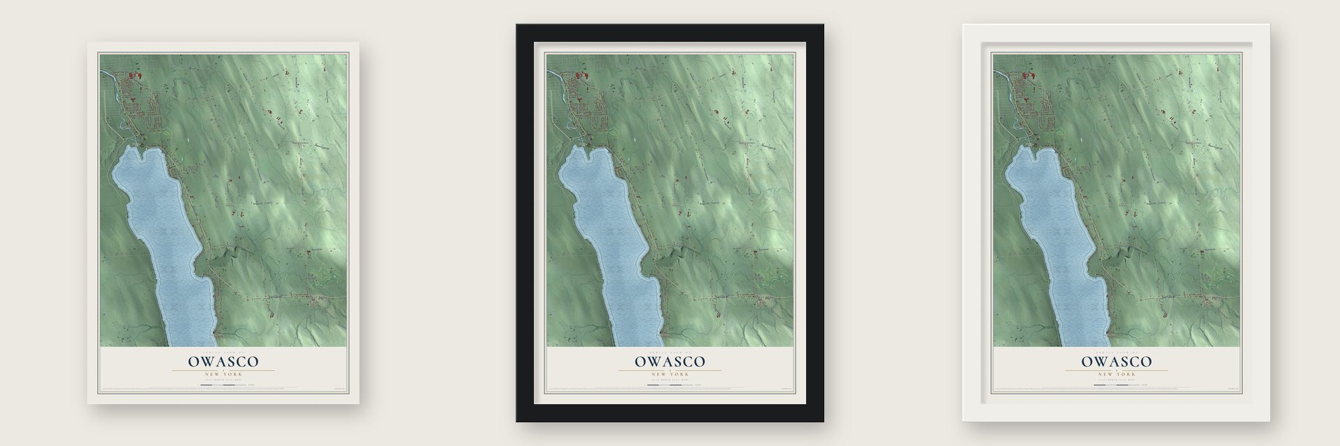 Owasco, New York map unframed, in a black wood frame and in a white wood frame