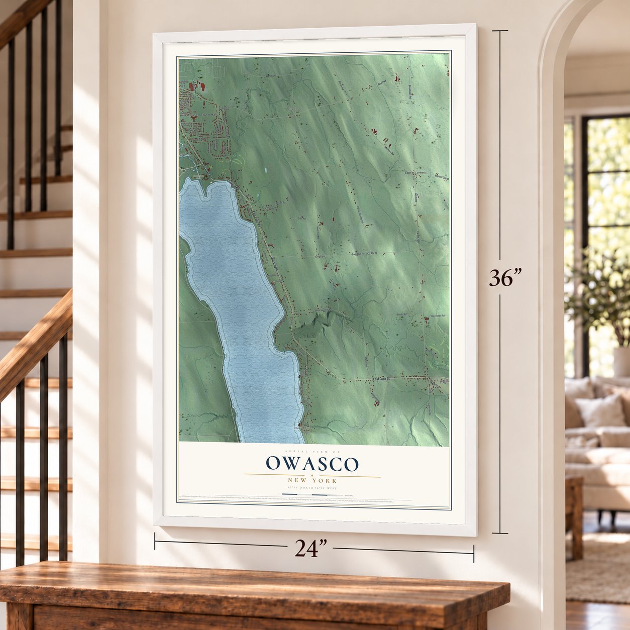 Owasco, New York map, 24 x 36 inch print in a white frame by a staircase