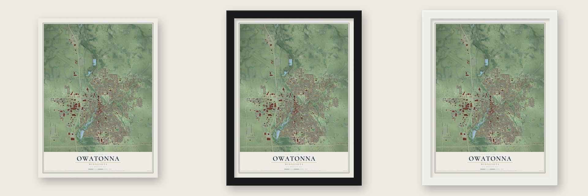 Owatonna, Minnesota map unframed, in a black wood frame and in a white wood frame
