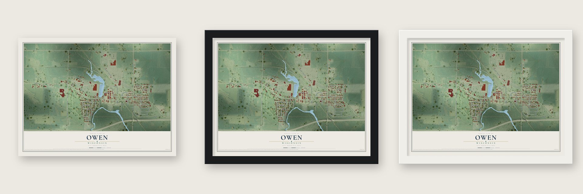 Owen, Wisconsin map unframed, in a black wood frame and in a white wood frame